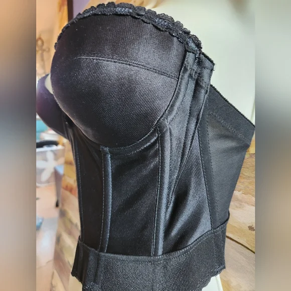 50s BUSTIER Black Strapless Busty Plunge Lace Boned Union Tag Intimate Corset EV - Picture 13 of 16